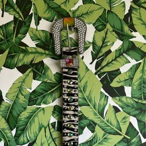 Embellished Zebra Print Belt with Rhinestone Buckle Genuine Leather